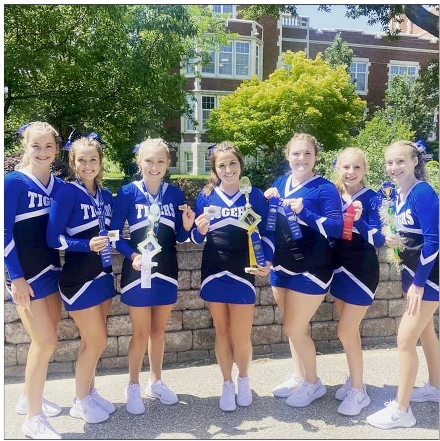 SHS CHEERLEADERS attending the UCA Cheer Camp at Kansas Wesleyan University include, from left: Ava Dix, Claire Plumer, Delanee Bedore, Taigen Kerr, Addie Struckhoff, Saj Snyder and Temperance Northup.