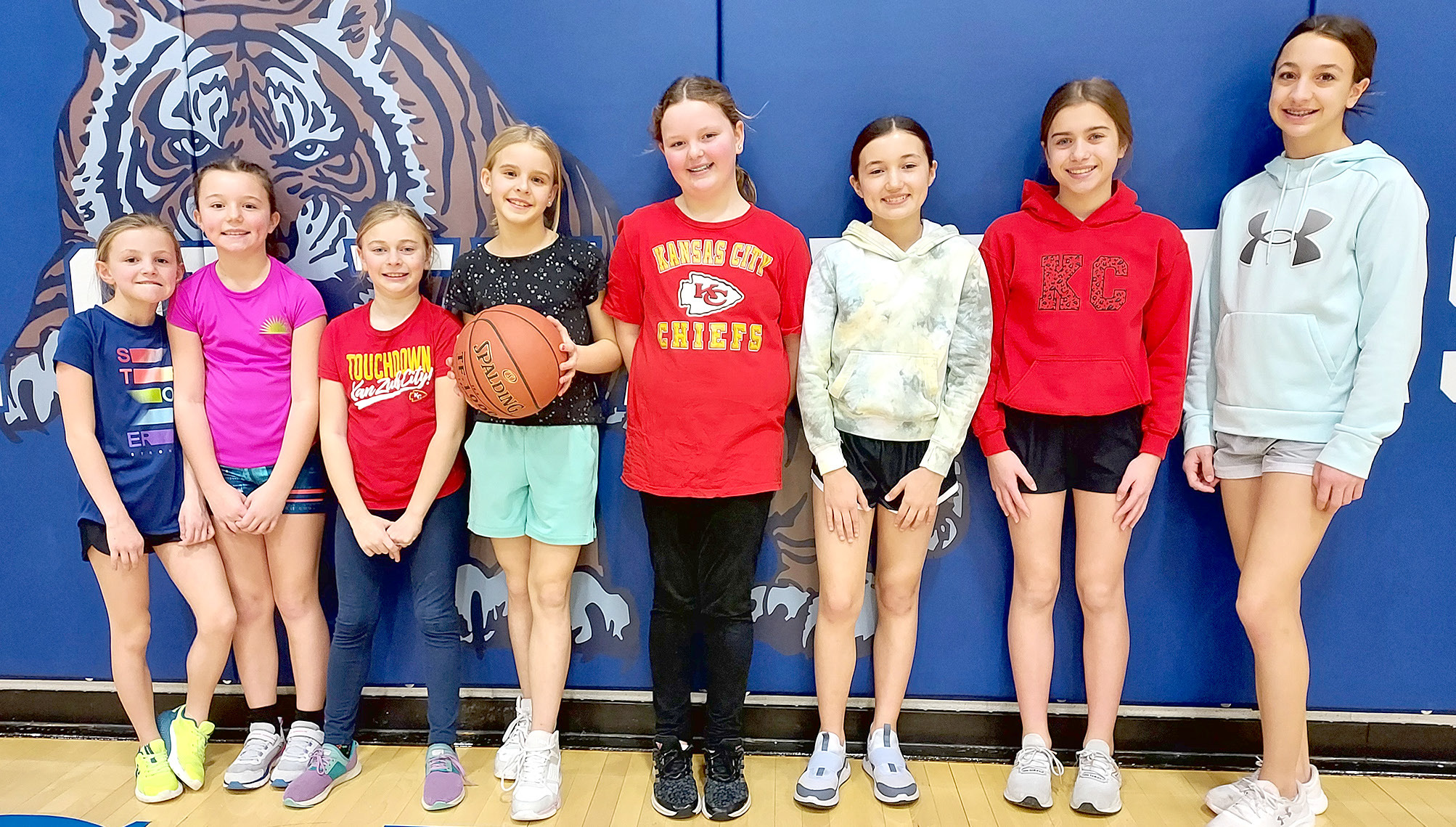 EIGHT GIRLS participated in the St. Thomas Knights of Columbus Free Throw Contest on Sunday, January 28th. Pictured are (from left) Norah Muir, Cambry Glendening, Emery Peterson, Makinley Riener, Tessa Look, Corbyn Glendening, Harper Lowry, and Jenna Berland.