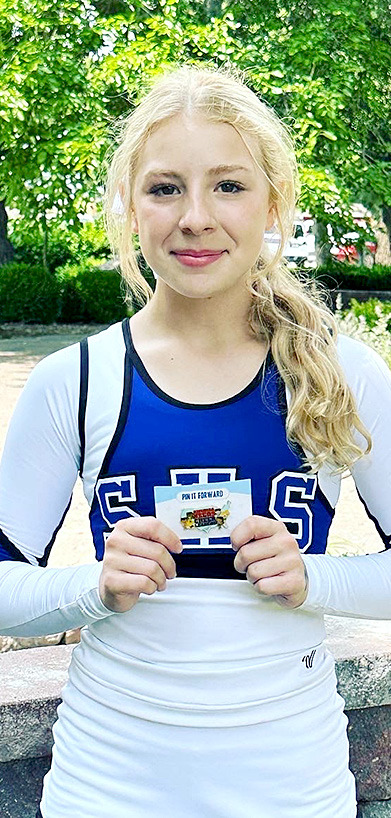 STOCKTON cheerleader Saj Snyder received a Pin It Forward award from the camp staff at the UCA Cheer Camp held at Kansas Wesleyan.