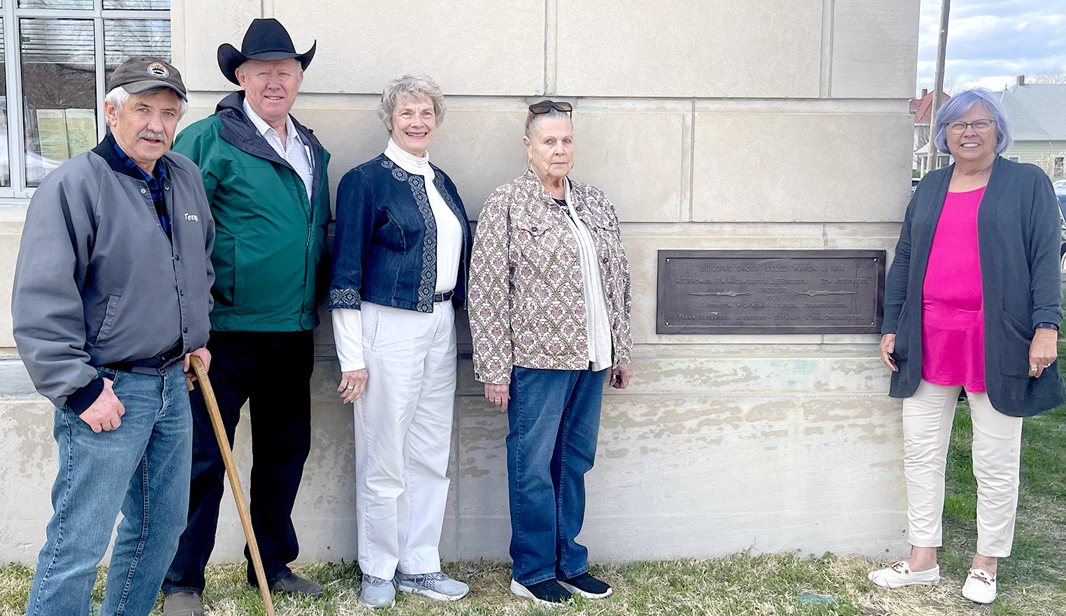 THE GRANDCHILDREN OF J. D. REED, who served as one of the Rooks County Commissioners in 1921 when construction of the courthouse began, traveled from around the United States to be present at the Centennial Celebration of the building on Thursday, April 20th. Pictured are (from left): Terry Reed, Hillsboro, N.C., John D. Reed, Brooten, Minn., Kathleen Brandt, Sitka, Ak., Lucy Clouse, Hutchinson, Minn., and Roberta Reed Johnson, High Point, N.C. (Les Cunningham of Stockton is a great-grandson of J. D. Reed.)