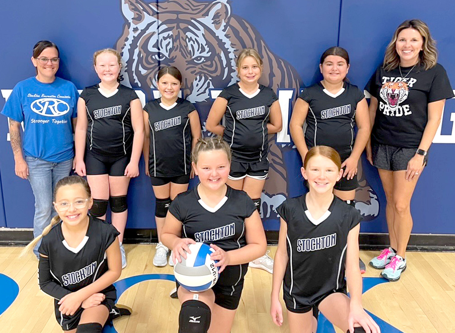 THE STOCKTON REC FIFTH-GRADE VOLLEYBALLTEAM saw plenty of action during their Saturday morning matches throughout September. Pictured are: (front row) Maleigha Horn, Tessa Look, Omree Dibble; (back row) coach Jordan Carpenter, Lily Yohon, Haddie Carpenter, Shelby Thayer, Emilee Brown, and coach Sadie Look.