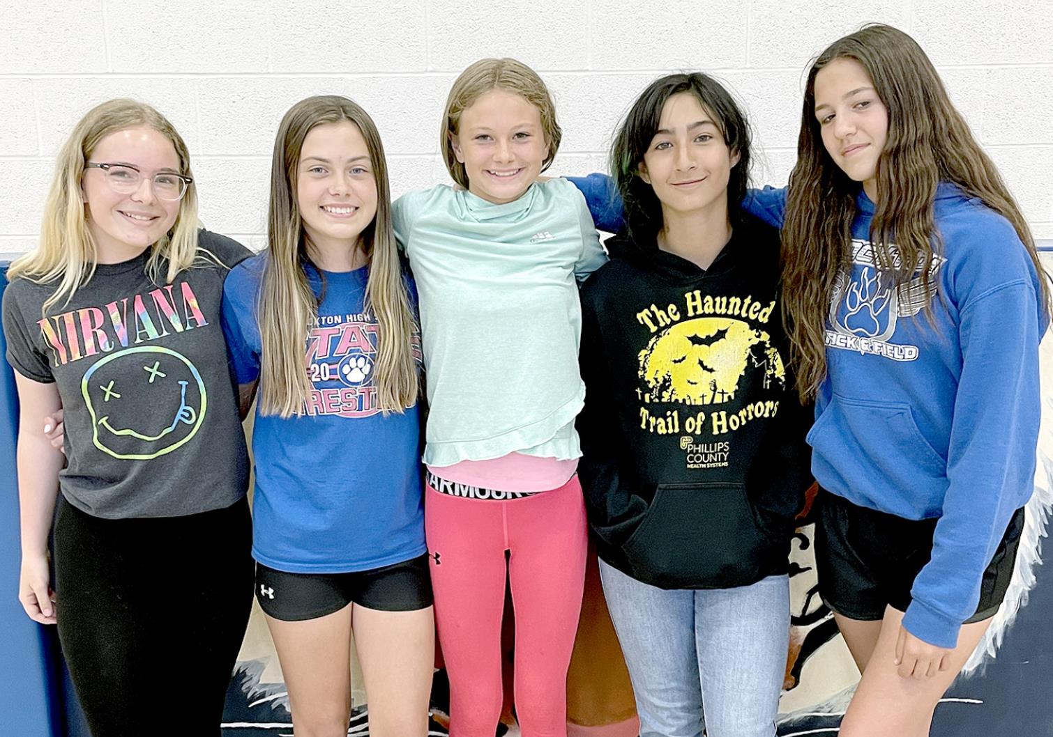THE STOCKTON JUNIOR HIGH SEVENTH-GRADE GIRLS placing at the MCEL Track Meet were, from left: Lyric Snyder (4 x 200M Relay), Camille Lowry (4 x 100M Relay, 4 x 200M Relay), Teagann Shamburg (4 x 100M Relay), Jayana Creighton (100M, 200M, 4 x 100M Relay, 4 x 200M Relay), and Reese Taylor (4 x 100M Relay, 4 x 200M Relay). (Courtesy Photo)