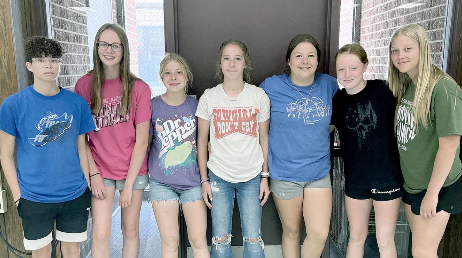 EIGHTH-GRADE GIRLS from Stockton scoring points at the MCEL Track Meet were, from left: Carolina Northup (100MH, 200MH, High Jump), Cheyenne Hoeting (3200M), Saj Snyder (4 x 100M Relay, 4 x 200M Relay), Temprance Northup (4 x 100M Relay, 4 x 200M Relay), Caydance Carter (Shot Put), Baileigh Balthazor (100M, Long Jump, 4 x 100M Relay, 4 x 200M Relay), and Karleigh Horn (Javelin). The girls placed seventh as a team. (Courtesy Photo)
