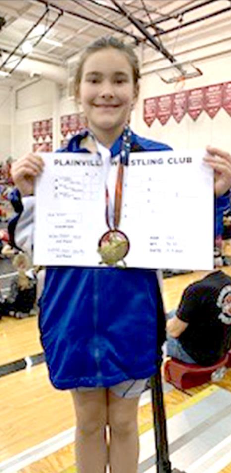 MYA TREVINO placed 1st in the 12 &amp; Under Novice 80-87-lb. division at the Planville Open/Novice Wrestling Tournament held Saturday, February 8th, at Plainville.