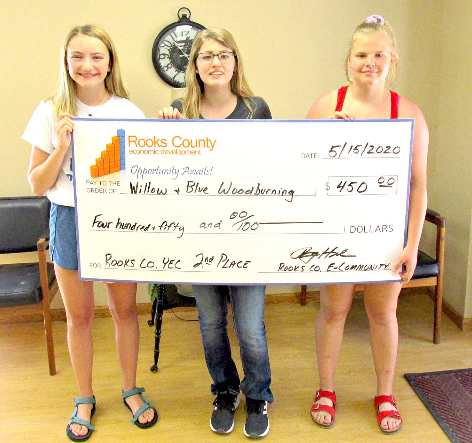 PLAINVILLE JUNIOR HIGH STUDENTS, Kaydence Grebowiec, Kaytlynn Butler and Addybelle Birdsall won second place and $450 prize money for their concept called, Willow &amp; Blue Woodworking. They created wood art pieces and signs using wood burning tools.