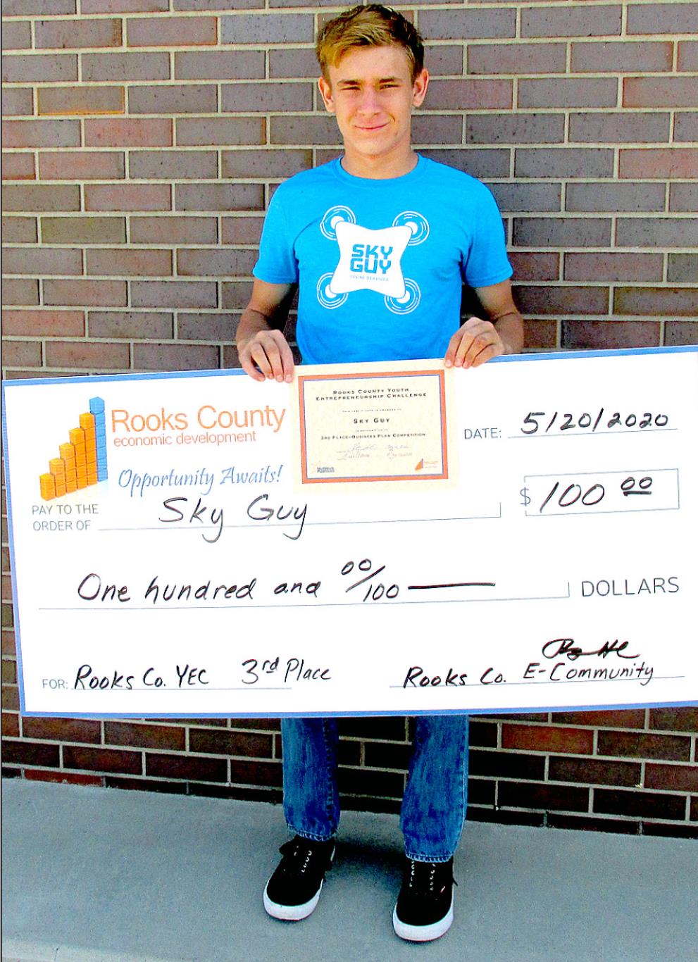 SKYLER KELLER OF PALCO HIGH SCHOOL was awarded third place and $100 for his concept, Sky Guy, a drone business used in a variety of industries, including agriculture, during the Rooks County Youth Entrepreneurship Challenge.
