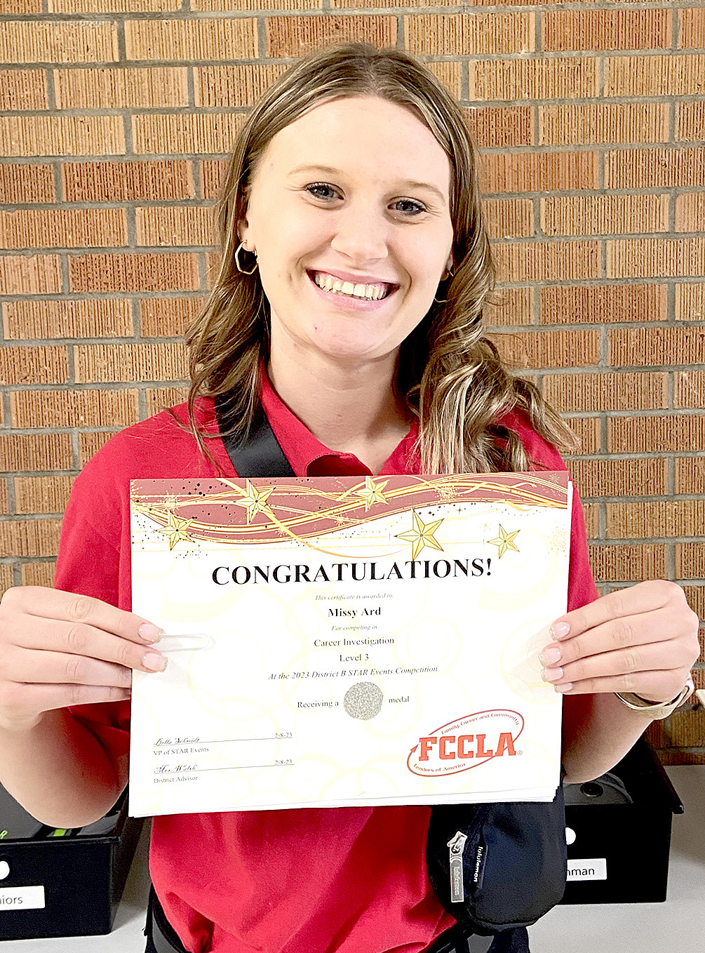 FCCLA MEMBER MELISSA ARD qualified for State on April 17th in Wichita.