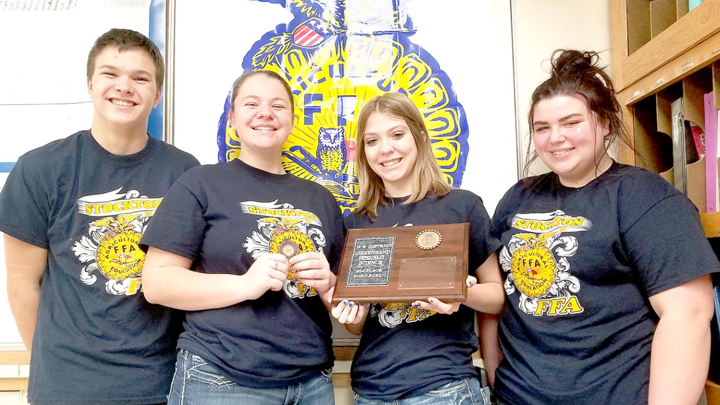 THE STOCKTON FFA GREENHAND TEAM of (from left) Zach Young, Cheyene Carlson, Kymberle LeiVan and Laci Green placed second in their division, with Cheyene Carlson placing 8th individually.