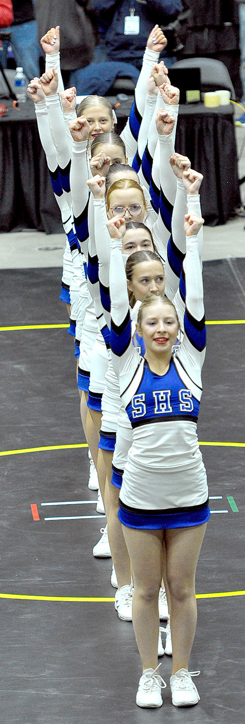 THE STOCKTON HIGH SCHOOL CHEERLEADERS had the honor of performing to a large crowd at the 4-1A State Wrestling Championships held on Saturday, February 24 in Salina.