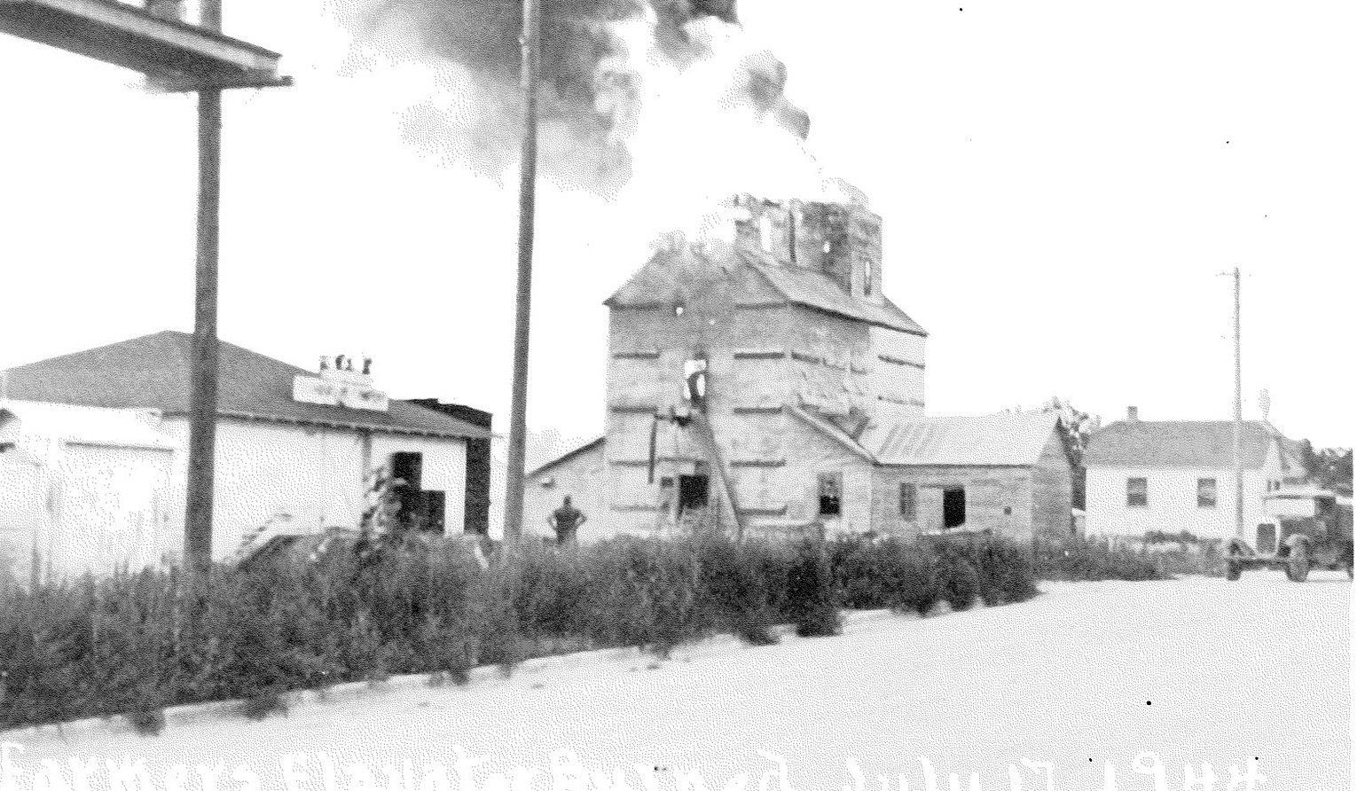 THIS PICTURE POSTCARD shows the Farmers Elevator as it was burning on July 17th, 1944. The building was located on the site of the present Farmers Union Elevator.The photo is courtesy of Earl Richardson who brought it into the Sentinel years ago.