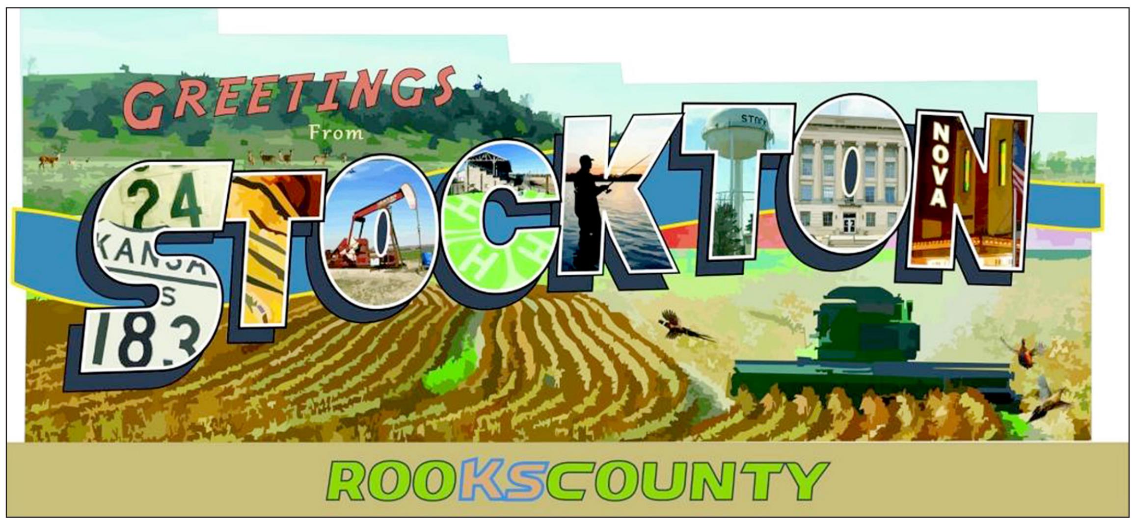 NOSTALGIC POSTCARD — The artist’s illustration of a large mural shows each letter of STOCKTON depicting various icons and images of our life in Rooks County. This mural will be painted on the bare wall at the intersection of U.S. Highways 183 and 24. The wall, owned by Ron Gallaway, is a “blank canvas” just waiting for a colorful greeting! This mural is a project of RoCo Arts Council, Inc.