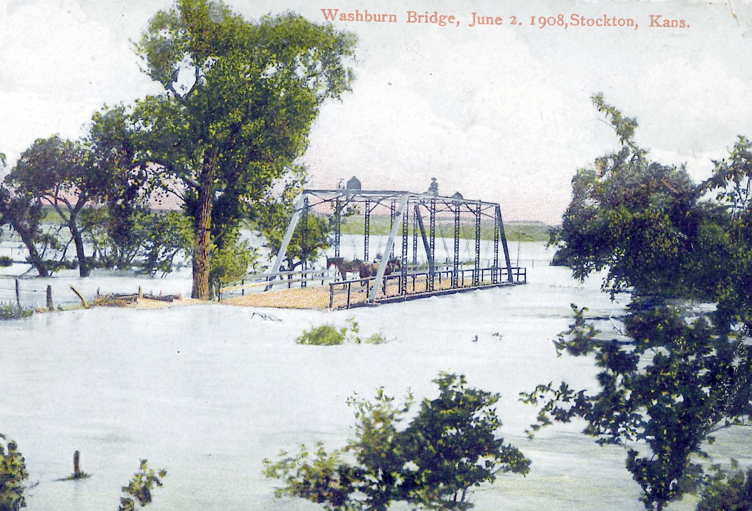 WHILE THE AREA IS STILL WAITING FOR THAT FIRST BIG SPRING THUNDERSTORM OF THE SEASON, here is a Yesteryear picture from June 2nd, 1908, of the Washburn Bridge located approximately one mile east of town. If you look closely, not only is there a horse and wagon on the bridge, but a man sitting on the top of the structure looking out over the flooded area. Lora Belle Sander brought the picture into the Sentinel to share with our readers.