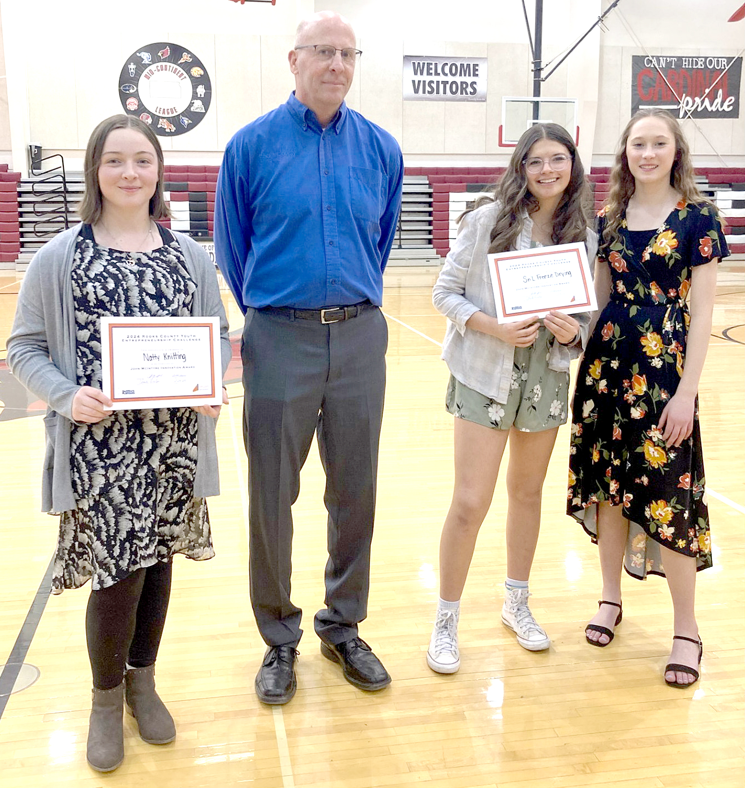 Innovation Awards: Alexis Bigge with Natty Knitting; and Lilianna Sherraden and Savannah Slaubaugh with S n' L Freeze Drying (with Roger Hrabe)