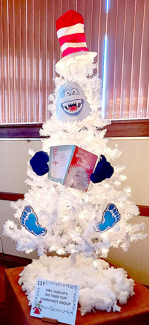 IT WILL BE HARD to choose a winner at the annual Parade of Christmas Trees at the Stockton Public Library with the kids having quite a few entries. This one is Mrs. Dunlap’s community group Christmas Tree.