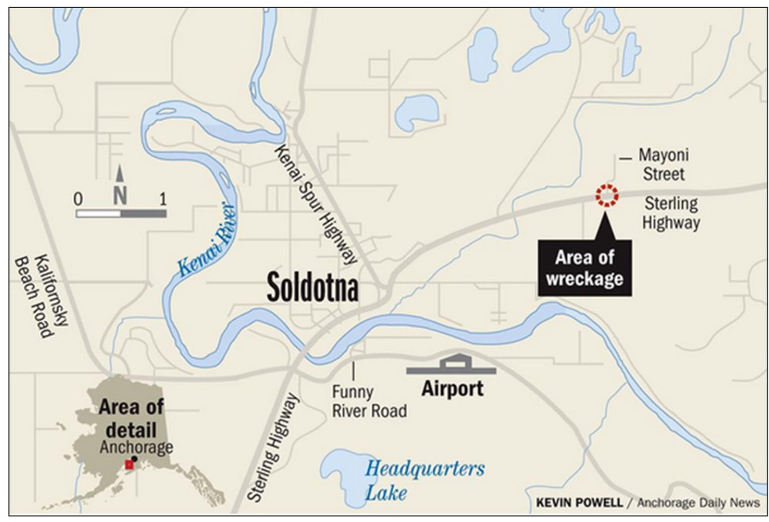 HERE IS A MAP that shows the area of wreckage after two small planes collided near Soldotna Airport Friday last week, killing all seven people.
