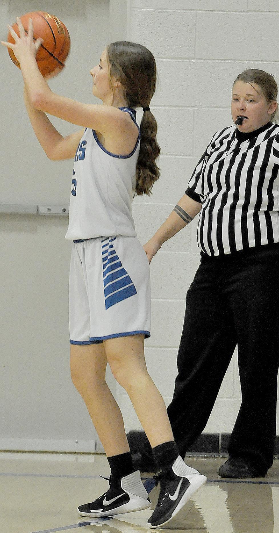 STOCKTON EIGHTH-GRADER AVA DIX shoots for two at home against the Norton Lady Jays on Thursday, November 5th.