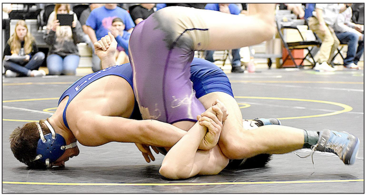 RYLAN BASART won by a fall over Charles Pearson of Douglass in the Consolation Round 1 of the 3-2-1A State Wrestling Tournament on Friday in Hays. (Photo courtesy of Bobbi Basart)