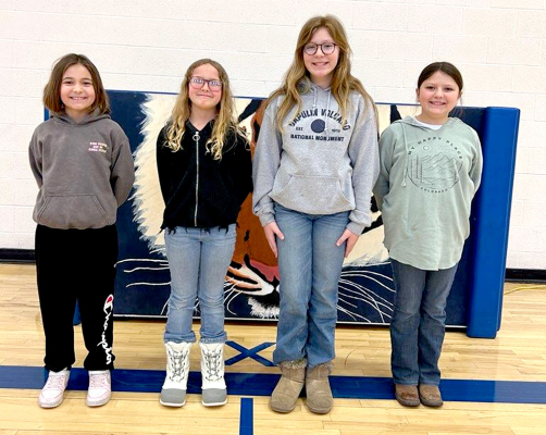 REPRESENTING STOCKTON at the Rooks County Spelling Bee on Friday, February 9th, at Sacred Heart Grade School in Plainville are champion Bryah Stithem, runner-up Kaylee Clayton, third-place winner Lyla Oller, and fourth-place winner Haddie Carpenter. (See all the school’s Spelling Bee participants on Page 4A)