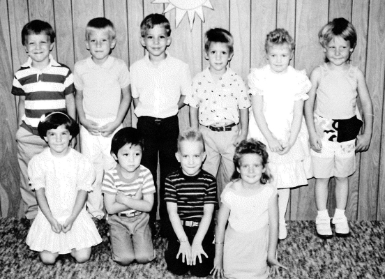 THE FOUR-AND FIVE-YEAR-OLD STUDENTS of the 1989 Sonshine Pre-school classes were (front row, from left): Amy Glendening, Daniel Richie, Clint Baughman, Bethany Colburn; (back row) Stephen Bigge, Ryan Kats, Doug Yoxall, Cody Miller, Kinsey Miller, and Bryan Morgan.
