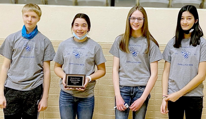 GRADE SCHOOL STUDENTS who represented Stockton at the Rooks County Spelling Bee, held in Palco on Friday, January 29thPE. Pictured are (from left): Pierce Gray, Rooks County Spelling Bee Champion Bodye Stithem, Cheyenne Hoeting and Jalia Creighton. The Kansas State Spelling Bee is tentatively scheduled for March.