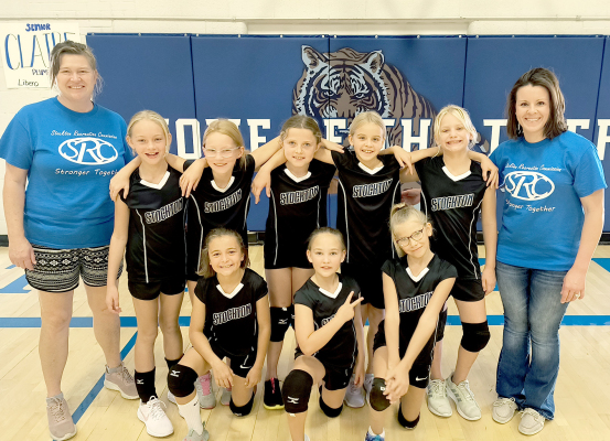 THE STOCKTON REC FOURTH-GRADE VOLLEYBALL TEAM has finished up their season after playing teams from Hill City, Hoxie, Trego, Plainville, and Quinter. Pictured are: (front row) Bryah Stithem, Ayla Terry, Adalyn McNulty; (back row) coach Deirdra Kuhlmann, Adrenna Lowry, Evelyn Hilbrink, Ava Armstrong, Makinley Riener, Raya Kuhlmann, and coach Megan Riener.