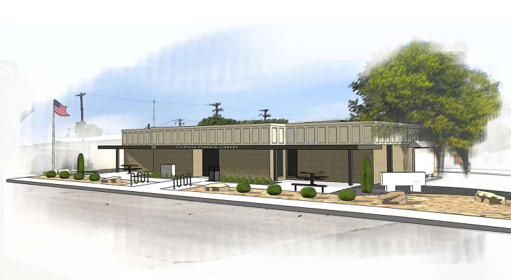 HERE IS AN ARTIST’S RENDERING of the proposed project’s outdoor space at the Plainville Memorial Llibrary.