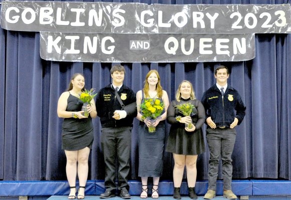 THE 2023 GOBLIN’S GLORY ROYALTY COURT this year included the following, from left: Cheyene Carlson, King Zach Young, Queen Rachel Dryden, Raegan Shepherd, and Preston Chandler.What has been an ongoing tradition for many years, people put money towards either their favorite King or Queen candidiate. One penny buys one vote. At the end of the night, the girl and boy receiving the most votes are crowned King and Queen.