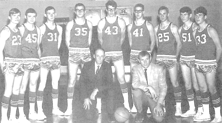 MAKING UP THE SHS 1969-1970 “A” TEAM were basketball players, (kneeling) coach John Locke and assistant coach Bob Becker; (standing) Dick Nyp, Merle Dunning, Jerry Gaines, Garry Baxter, Gene Hackerott, Gale Maddy, Bill Pettijohn, Ken Knight and Chuck Look.