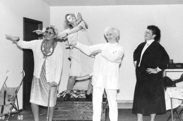 MISS MONROE was obviously displeased with the hula lessons that took place during the production of “Spirit, which was presented by the Acme Community Theatre of Stockton in January of 1991. Pictured from left: Clara (Lilly Muir-Delaney), Esther (Jenny Riffel), Arby (Janey Denton), and Miss Monroe (Linda Williams).