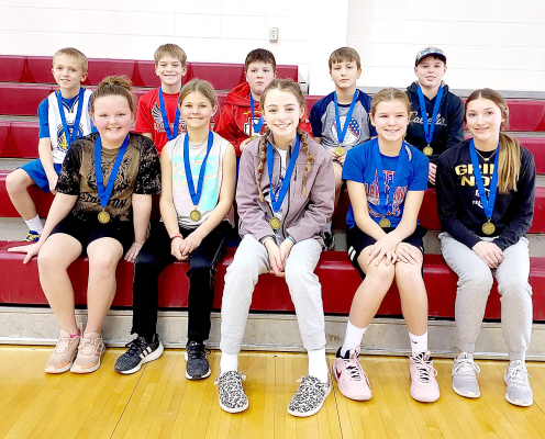 ADVANCING ON TO THE REGIONAL K of C Free Throw Contest in Quinter on Sunday, February 19th are (front row, from left): Tessa Look, Kinsley Casey, Addison Dix, Kinley Jo Atchison, Shelby Molina; (back row) Emmitt Gosser, Brevyn Wyatt, Garrison Mongeau, Kolt Kuhlmann and Jace Kesler.