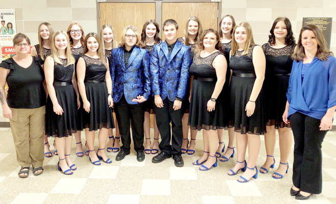 PERFORMING AT THE MCL VOCAL CLINIC on Monday, November 7th in Smith Center was the Stockton High School Choir. Pictured are (front row, from left): teacher Mrs. Laura Jameson, Katy Post, Taigen Kerr, Deacon Creighton, Zach Young, Addie Struckhoff, Brin Muir, teacher Megan Riener; (back row, from left) Cheyenne Hoeting, Ella Snyder, Ava Dix, Aubrey Kesler, Tierra Yohon, Cappi Hoeting and Paytyn McNulty.