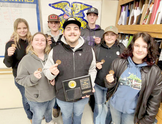 PLACING FIRST at the FFA Meats Judging competition in Grinnell were Stockton FFA senior members (front row, from left) Raegan Shepherd, Jaxon Dunlap, Rivver Long, Piper Creighton, (back row) Paytyn McNulty, Kagan Dix, and Jack Gasper.