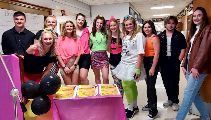 STEPPING OUT IN THEIR ‘80S GEAR for the SHS “Blast from the Past” concert held on Friday, April 14th, were (from left) Zach Young, Delanee Bedore, Paytyn McNulty, Missy Ard, Tierra Yohon, Aubrey Kesler, Ava Dix, Brin Muir, Taigen Kerr, Deacon Creighton, and Cappi Hoeting.