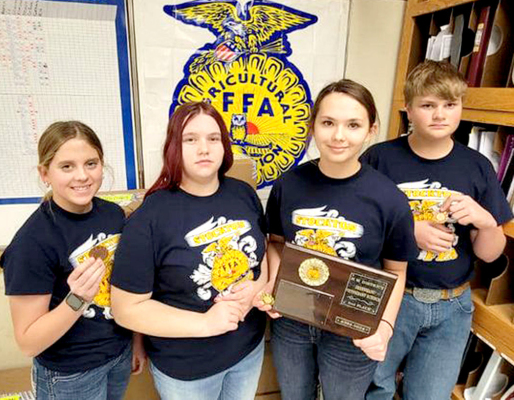 THE STOCKTON FFA GREENHAND TEAM placed second out of 16 teams at the Vet Science Contest in Colby on Tuesday, November 28th. There were a total of 72 participants in the contest. Pictured are (from left) Mia Odle (third place), Destini Marsh (tenth place), Shea Yohon (first place), and Kolby Dix (seventh place).