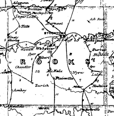 THIS COUNTY MAP shows the locations of the 45 post offices in Rooks County over the past century with it noted that only seven post offices still remain open at this time.
