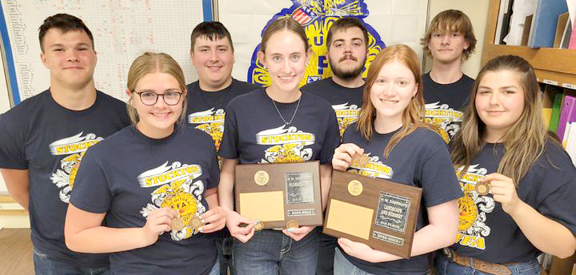 CONGRATULATIONS to the 2023 Stockton FFA Floriculture and Nursery teams on recently placing second and third as teams in the contests. Floriculture (third place as a team) individual placings were: Cappi Hoeting placing fifth, Brin Muir placing eighth, and Rivver Long placing tenth. Nursery (second place as a team) individual placings were: Cappi Hoeting placing sixth, Rachel Dryden placing ninth, and Brin Muir placing tenth. Pictured are (front row, from left): Brin Muir, Cappi Hoeting, Rachel Dryden, Rivv