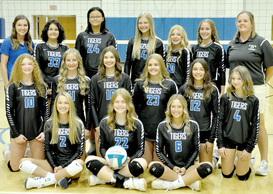 MEMBERS OF THE 2022 STOCKTON HIGH SCHOOL VOLLEYBALL TEAM are front row, from left: Breckyn Williams, Elizabeth Busonic and Claire Plumer; middle row, from left: Ashlyn Hahn, Ava Dix, Aubrey Kesler, Brin Muir, Bodye Stithem and Brooke Kephart; and back row, from left: Paige Baird (assistant coach), Piper Creighton, Paytyn McNulty, Karleigh Horn, Saj Snyder, Temprance Northup and Alexa Rogers (head coach).