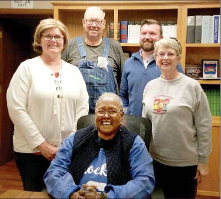 PICTURED ARE OUTGOING MAYOR KIM THOMAS and the Stockton City Commissioners on Kim’s final day serving on the Commission after many years of service to the community. Pictured are (seated): Mayor Kim Thomas; (standing) commissioners Reesa Brown, Don McLaughlin, Nathan Glendening and Sandi Rogers.