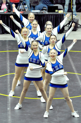 SHS Cheerleaders perform at state wrestling in Salina Front to back are: Saj Snyder, Claire Plumer, Bodye Stithem, Ella Snyder, Shae Yohon, Ava Dix, Temprance Northup (partially hidden) and Karleigh Horn