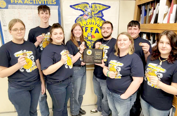 THE STOCKTON FFA SENIOR DIVISION TEAM brought home first-place honors at the FFA Entomology competition held on Monday, March 4th, in Downs. They all placed in the Top Ten. Pictured are (front row, from left with their individual medals and first-place plaque) Payton McNulty (sixth), Rivver Long (seventh), Raegan Shepherd (fifth), Piper Creighton (tenth); (back row) Jack Gasper (ninth), Rachel Dryden (second), Jaxon Dunlap (first), and Ryan Mongeau (fourth).