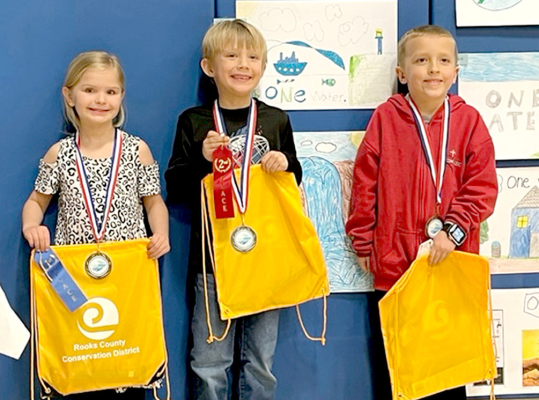 KINDERGARTEN POSTERWINNERS from Rooks County for 2023 include, from left: 1st place, Piper Beesley, Damar Elementary; 2nd Place, Jack Hillard, Sacred Heart; and 3rd Place, Lucas Gosser, Sacred Heart.