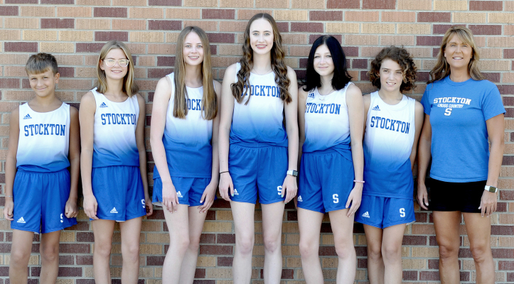 MEMBERS OF THE 2022 STOCKTON HIGH SCHOOL AND JUNIOR HIGH CROSS COUNTRY TEAMS are from left: Kolt Kuhlmann (SJH), Ariel Sager, Cheyenne Hoeting, Cappi Hoeting, Ryleigh Gardner, Christine Jurgens (SJH) and Janet Kuhlmann (head coach).