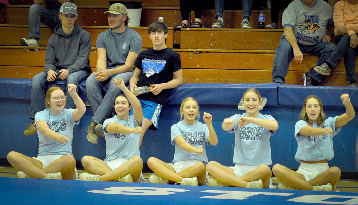 SHS Cheerleaders Ella Snyder, Bodye Stithem, Saj Snyder, Ava Dix and Claire Plumer cheer on the Tiger Wrestlers vs. Russell