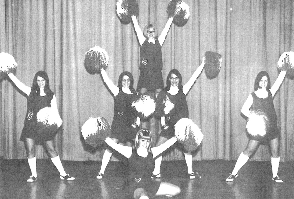 THE 1969-1970 STOCKTON HIGH SCHOOL A-TEAM CHEERLEADERS were (front): Cindy Lowe; (second row, from left) Pam Dean, Cindy Turnbull, Becky Melton, Jude Clark; (top of pyramid) and Judy Towns.