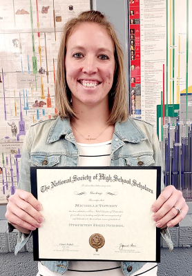 SHS HISTORY TEACHER, Michelle Towery, has been selected as a Claes Nobel Educator of Dinstinction by the National Society of High School Scholars.