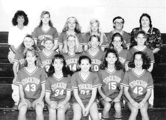 THE 1991 EIGHTH-GRADE STOCKTON JUNIOR HIGH VOLLEYBALL TEAM members placed third in the MCEL Tournament. Pictured are (front row, from left) Jessica McDonald, Jessica Kriley, Arin Lewin, Abi Baxter, Robyn Chesney; (middle row) Jana Weidenhaft, Amy Kriley, Hester Wood, Hannah Wood, Summer LaBarge, Erin Schmitz; (back row) coach Susan Schneider, Jessica Pulec, Denae Denio, Amber Rogers, Deirdra Saunders, and head coach Barb Wilson.
