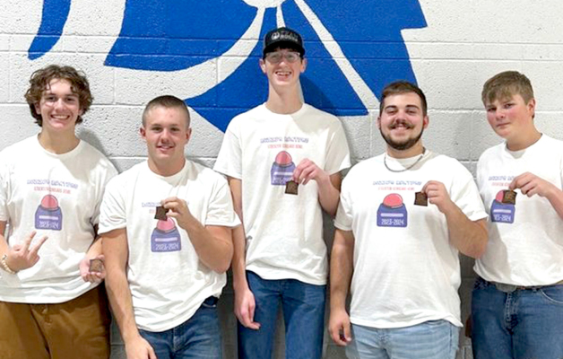 THE SHS VARSITY SCHOLARS BOWL TEAM brought home some nice hardware from a recent contest in Tescott. These young men earned fourth place out of 21 teams. Tiger Proud of them. Pictured are (from left) Holden Burton, Deacon Creighton, Jack Gasper, Jaxon Dunlap, and Kolby Dix. Their coach is Crystal Dunlap.
