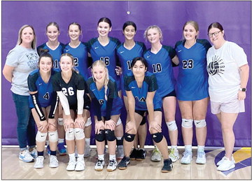 THIRD-PLACE FINISH— The Stockton Lady Tigers placed third at the Trego Volleyball Tournament held in WaKeeney last Saturday. Members of the varsity squad are front row, from left: Bodye Stithem, Claire Plumer, Saj Snyder and Jayana Creighton; and back row, from left: head coach Alexa Rogers, Ava Dix, Breckyn Williams, Aubrey Kesler, Jalia Creighton, Ashlyn Hahn, Brin Muir, and assistant coach Delayne Colburn. (Courtesy Photo)