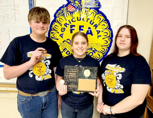 THE FFA GREENHAND TEAM placed second overall in the FFA Entomology competition at Downs. Kolby Dix (seventh individually), Mia Odle (fifth individually), and Destini Marsh are pictured.