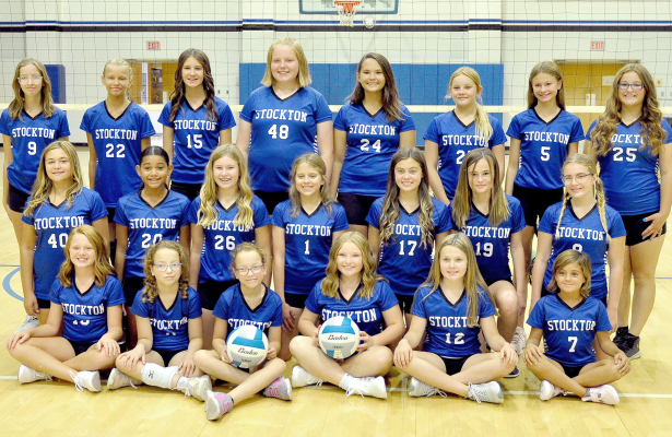 MEMBERS OF THE 2022 STOCKTON JUNIOR HIGH VOLLEYBALL TEAM are front row, from left: McKenna Horn, Kalee Jackson, Jade Jackson, Aidyen Kerr, Faith Armstrong, Serenity Carpenter; middle row, from left: Blayke Stithem, Adrienne McCoy, Jada Martin, Mia Odle, Camille Lowry, Brooklyn Couse, Lyric Snyder; and back row, from left: Kaley Jones, Lyllynn McNulty, Meredith Gasper, Brenna Odle, Shae Yohon, Kinley Kester, Teagann Shamburg and Skylar Amlong. The ladies are coachd by Megan Riener and Lucy Tate.